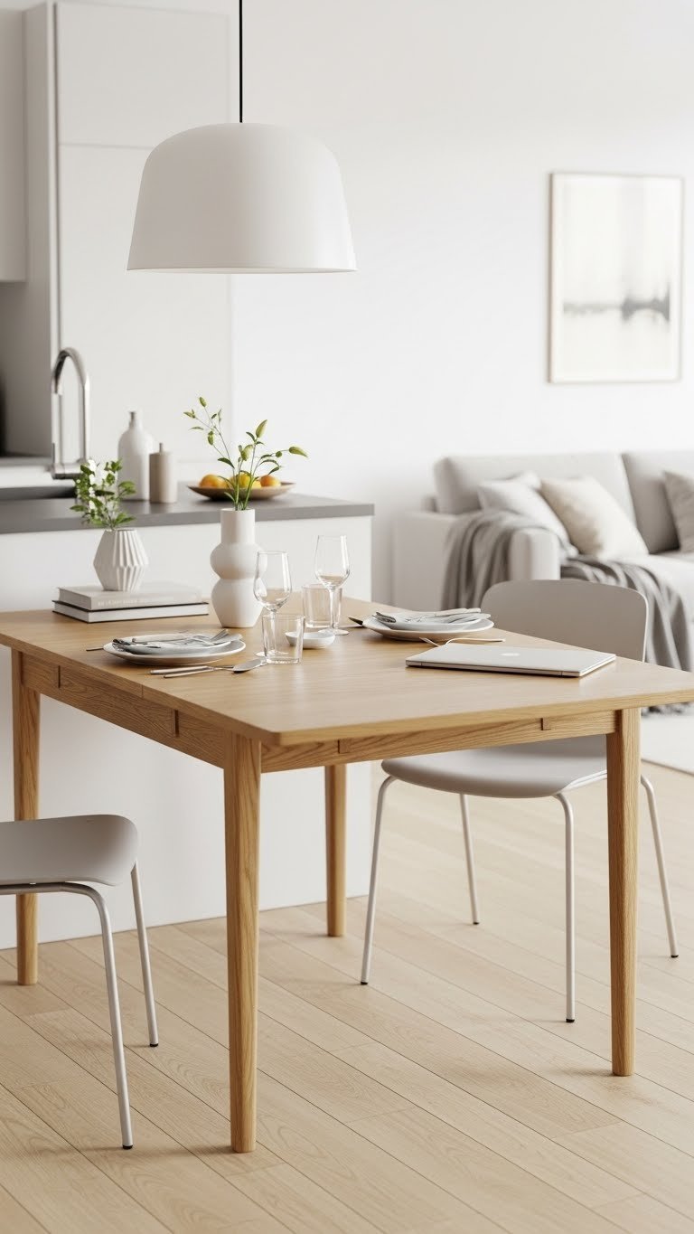Scandinavian kitchen with extendable oak dining table serving as both workspace and dining area