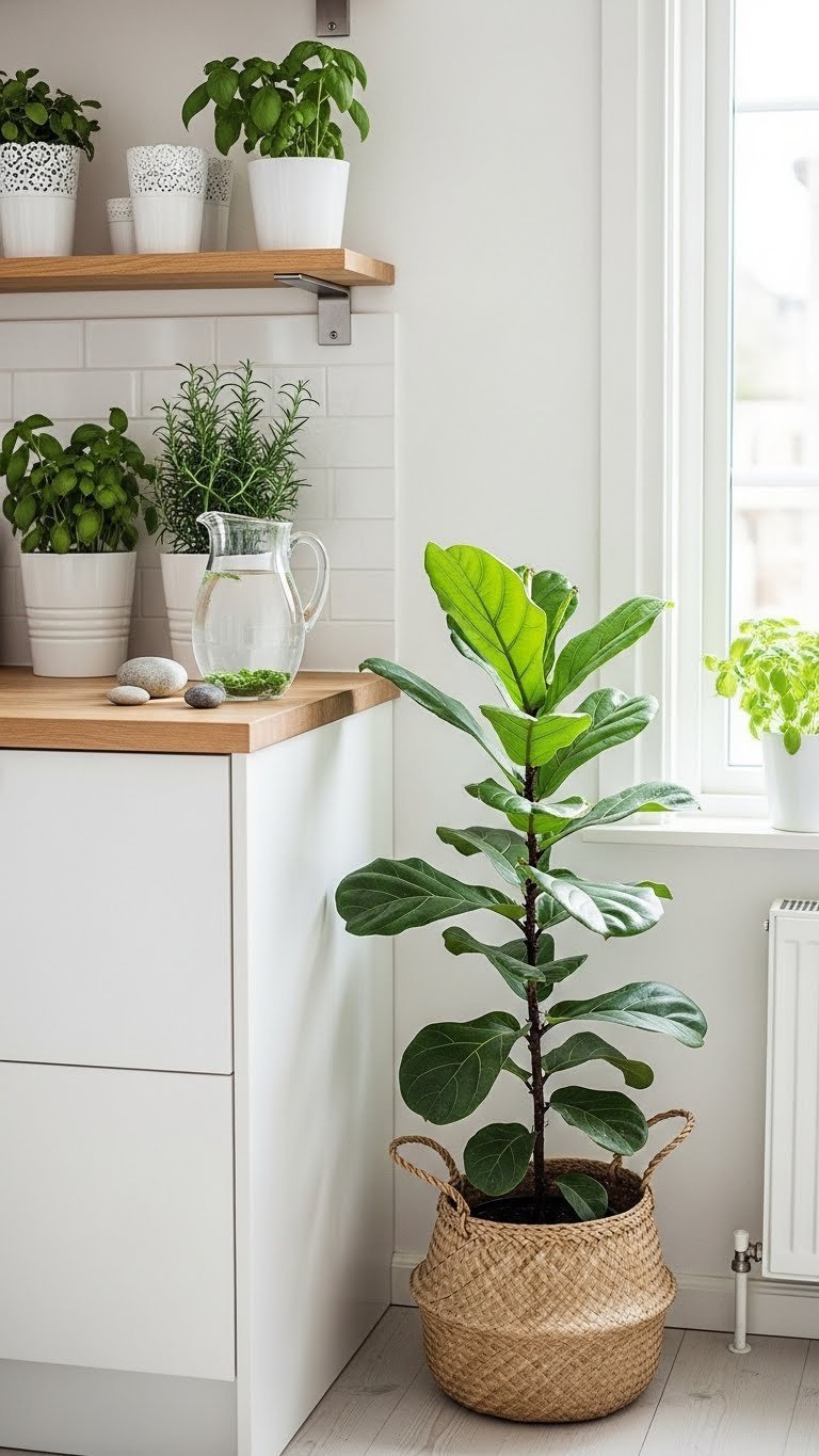 Scandinavian kitchen with green plants including potted herbs, fiddle-leaf fig, and woven basket natural decor elements