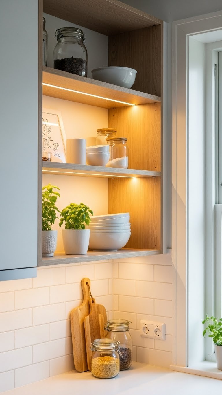 Scandinavian kitchen with integrated LED strip lighting glowing from light wood open shelving displaying white ceramics