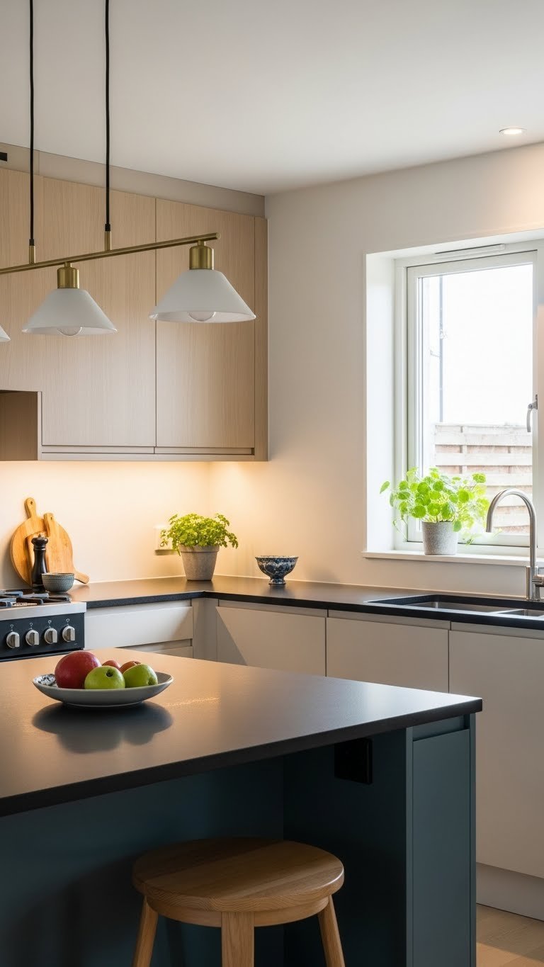 Scandinavian kitchen with layered lighting illuminating black countertops including under-cabinet and pendant fixtures