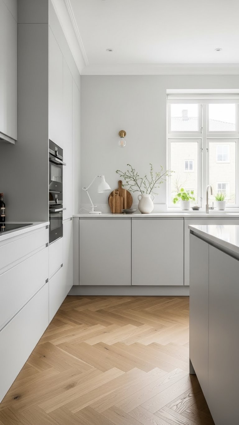 Scandinavian kitchen with light herringbone floor integrated with handleless white cabinetry and minimalist decor