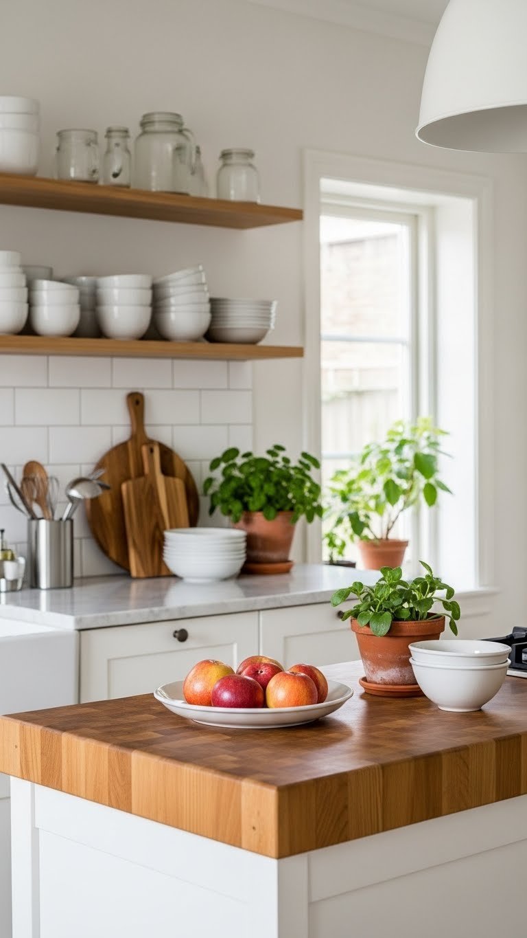 Scandinavian kitchen with natural wood accents including open shelving and butcher block island