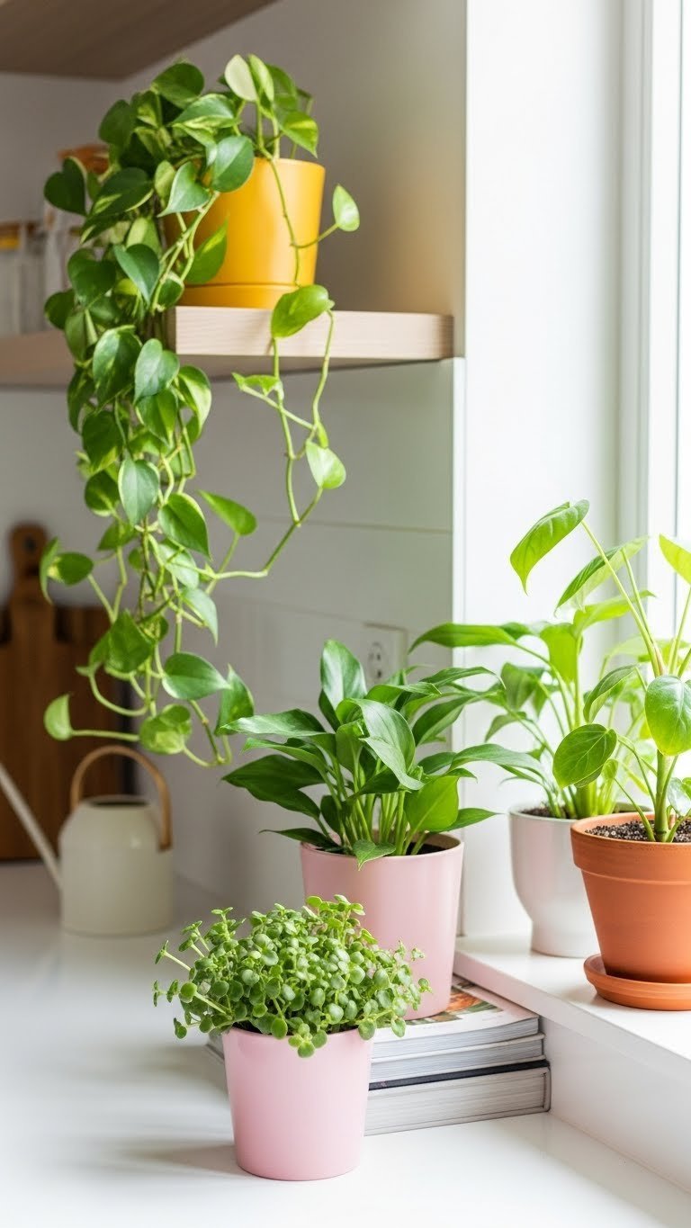 Scandinavian kitchen with vibrant green plants in colorful pots including mustard yellow, pink, and terracotta containers.