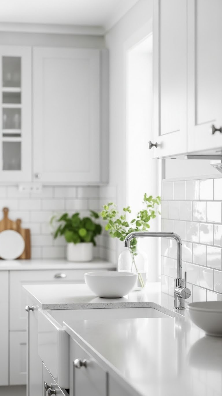Scandinavian kitchen with white subway tile backsplash and modern faucet on light countertop with natural lighting.