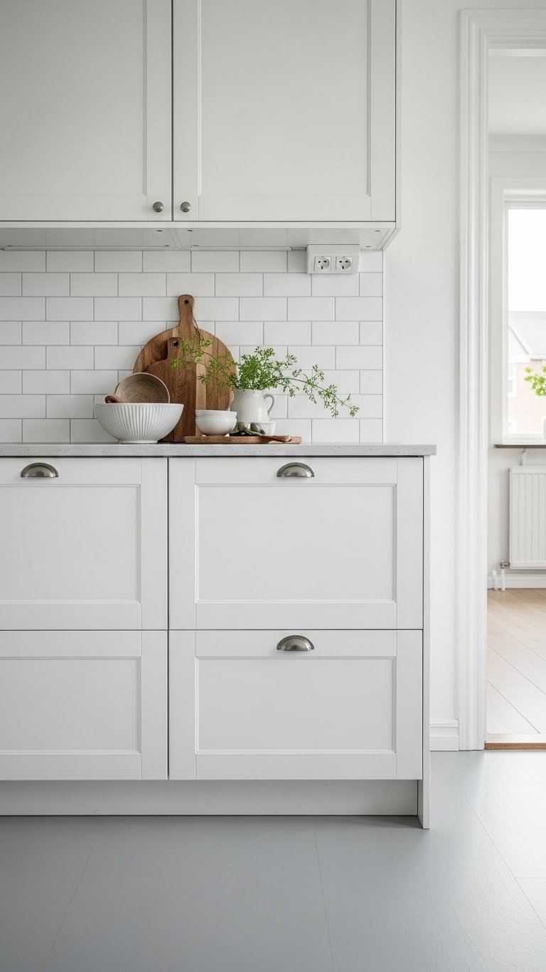 Scandinavian kitchen with white subway tile backsplash and quartz countertop harmoniously integrated against light grey tile flooring.