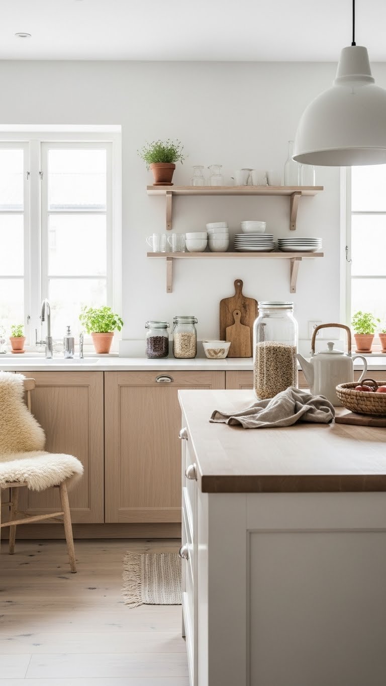 Scandinavian minimalist kitchen with white quartz countertops and natural light streaming through large windows