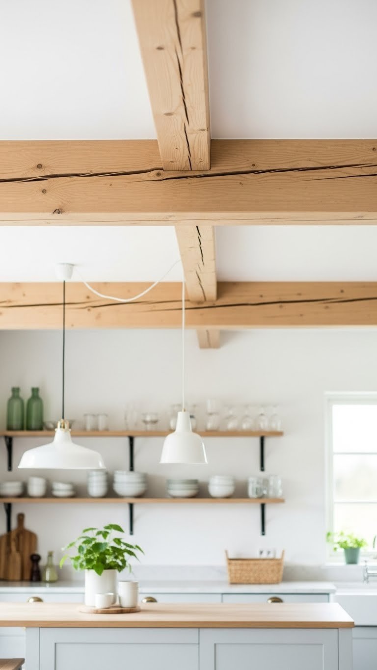 Ultimate Rustic Kitchen Exposed Beams: 9 Design Ideas 7 Scandinavian rustic kitchen with light wood exposed beams against bright white ceiling featuring minimalist design and natural light.