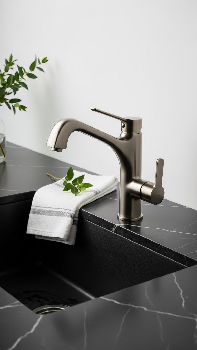 Sculptural brushed brass kitchen faucet, geometric lines, set against a deep black sink and dark marble countertop. Luxurious kitchen detail.