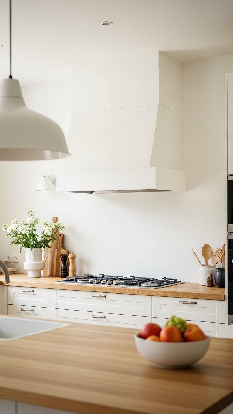 Sculptural minimalist wall hood as focal point in bright white Scandinavian kitchen with natural wood accents
