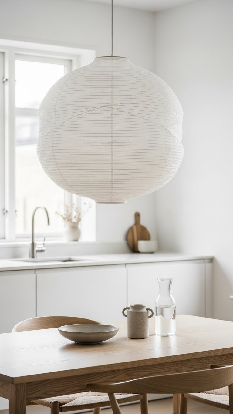 Sculptural paper lantern pendant light with ethereal glow hanging over minimalist dining table