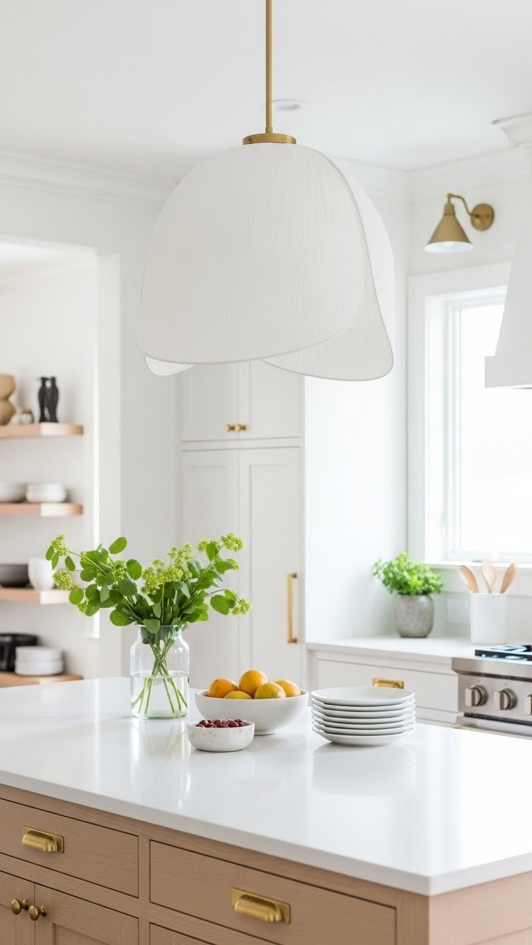 Sculptural pendant light fixture above Scandinavian kitchen island with light wood cabinetry, brass pulls, and minimalist white quartz countertop