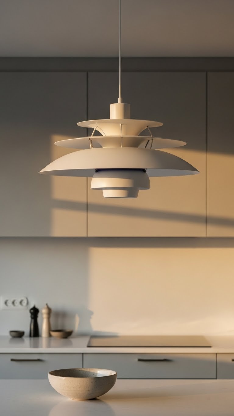 Sculptural pendant light fixture over minimalist grey kitchen island with warm golden hour lighting and elegant design details.