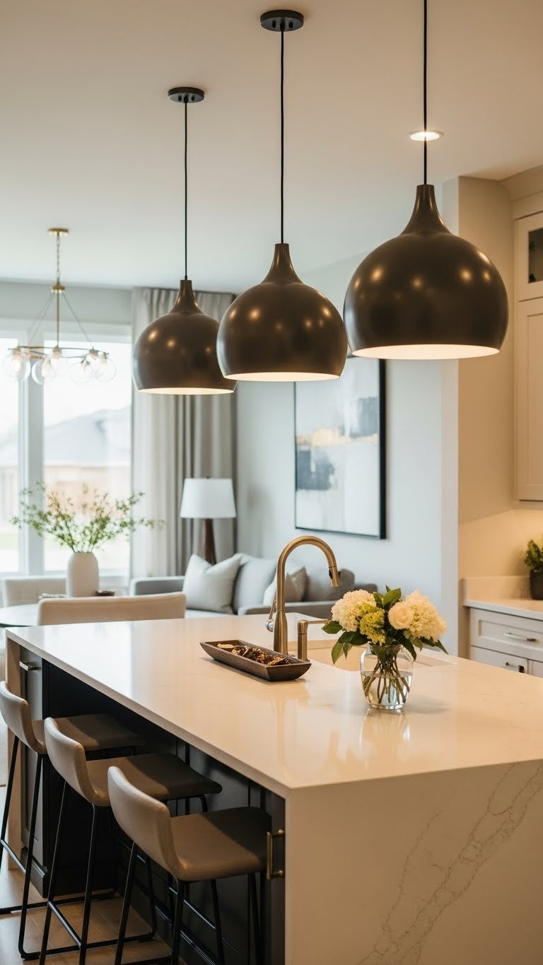 Sculptural pendant lights over a dark modern kitchen island with white quartz countertop. Warm golden light defines open concept kitchen zone.