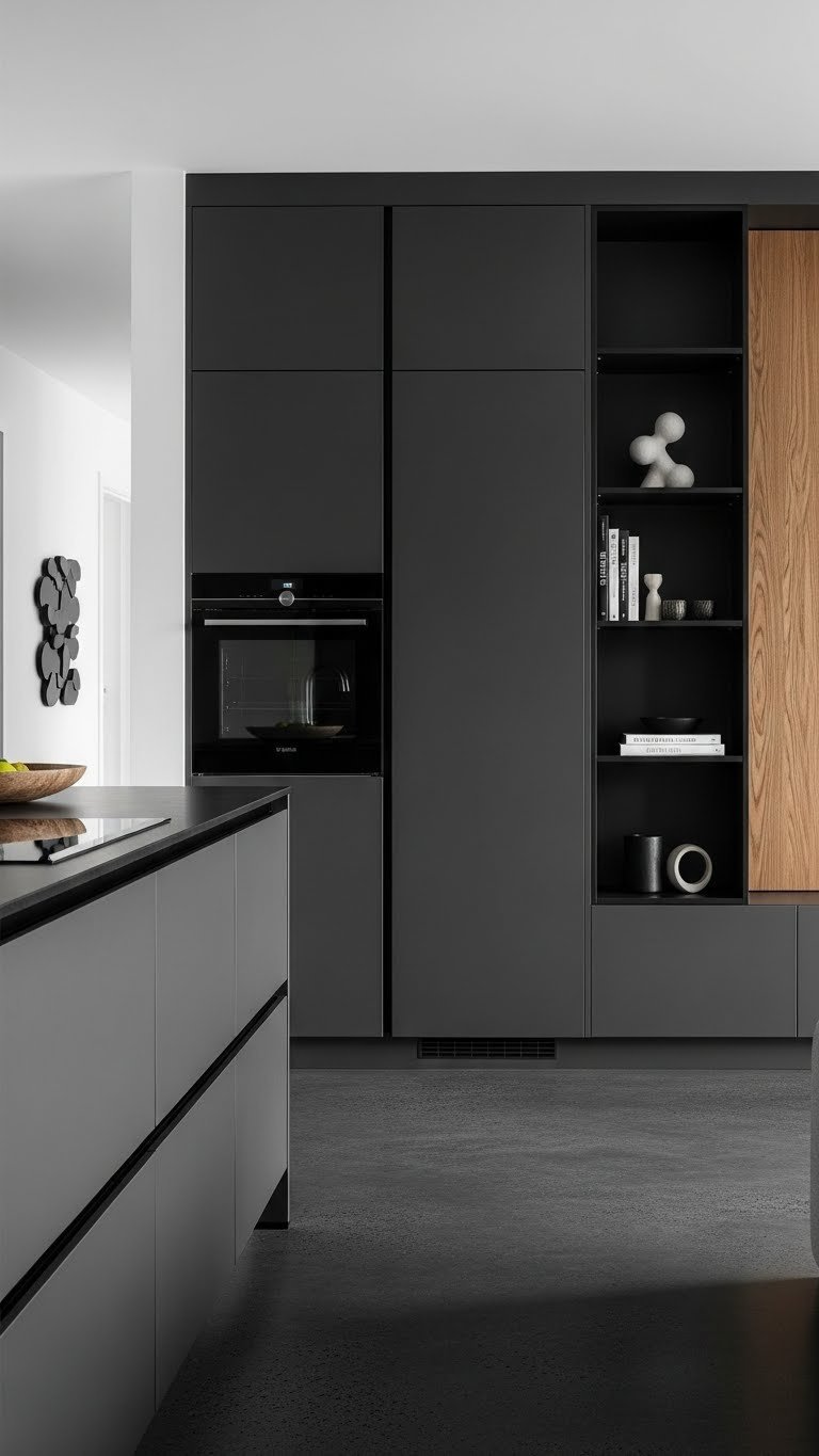 Dark Kitchen Living Room Aesthetic: 7 Essential Chic Ideas 6 Seamless dark grey kitchen cabinets and media console in an open concept living room. Modern minimalist interior with concrete floor.