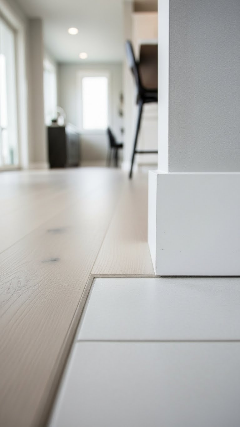 Seamless floor transition in open concept kitchen living room: engineered hardwood to porcelain tile. Neutral grays, light woods, clean modern design.