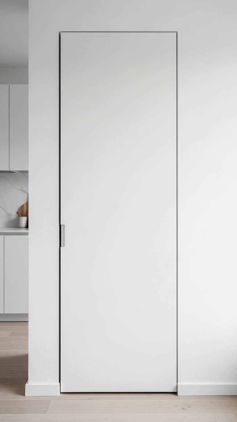 Seamless flush-mounted jib pantry door, painted to match the wall, appears almost invisible in a minimalist kitchen.