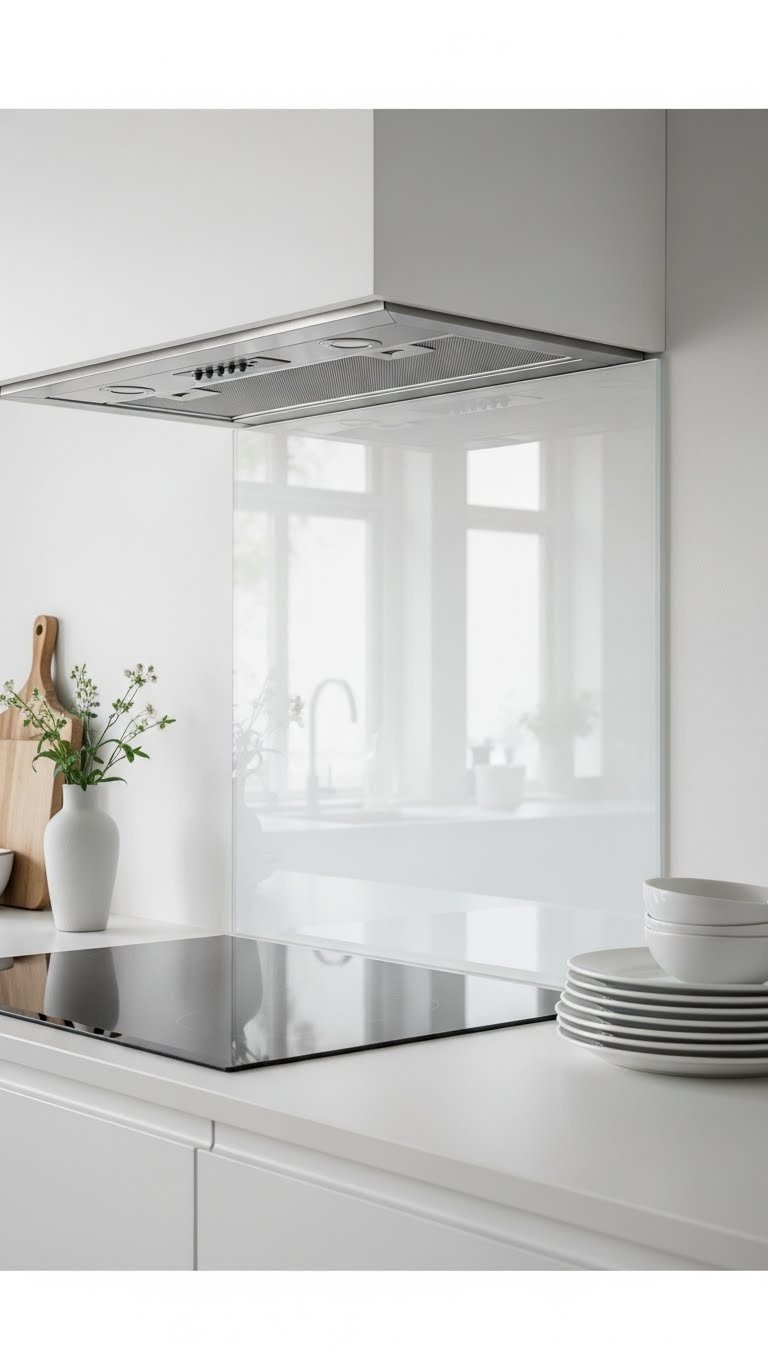 Seamless glass splashback reflecting kitchen space with stainless steel hob and minimalist vase with flower in bright kitchen.