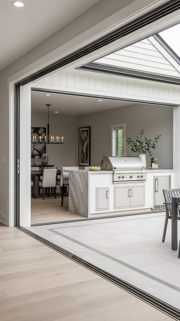 Seamless indoor-outdoor kitchen extending through sliding glass doors with matching materials and furnishings