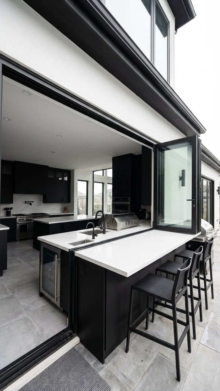 Outdoor Kitchen Cabinets Ideas For Stylish Durable Storage 16 Seamless indoor-outdoor kitchen transition with matte black cabinets flowing through open glass wall.