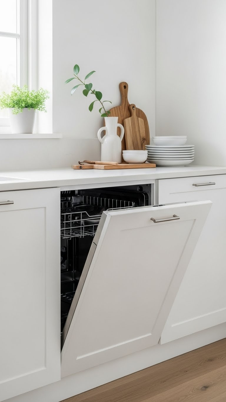 Seamless integrated dishwasher hidden behind white cabinetry panel in modern minimalist Bloxburg kitchen design