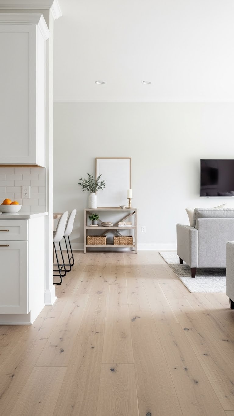 Seamless light wood flooring and unified off-white walls connect a white kitchen with a neutral gray sofa in an open living room. Cohesive design.
