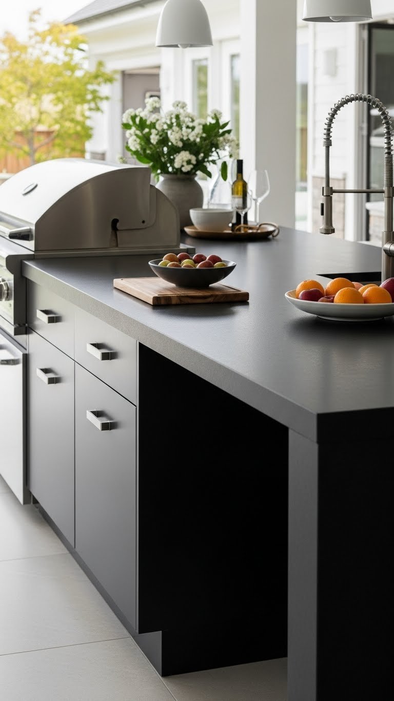 Mastering Luxury Outdoor Kitchen Design: 7 Essential Elements 7 Seamless luxury outdoor kitchen countertop of dark porcelain slab with integrated cabinets, fresh fruit bowl, and stylish faucet.