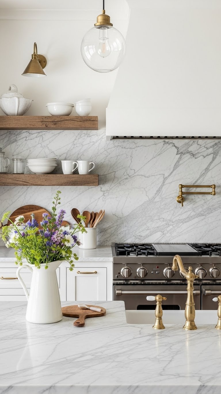 Seamless marble countertop and backsplash with matching veining, rustic wood shelving, and vintage range