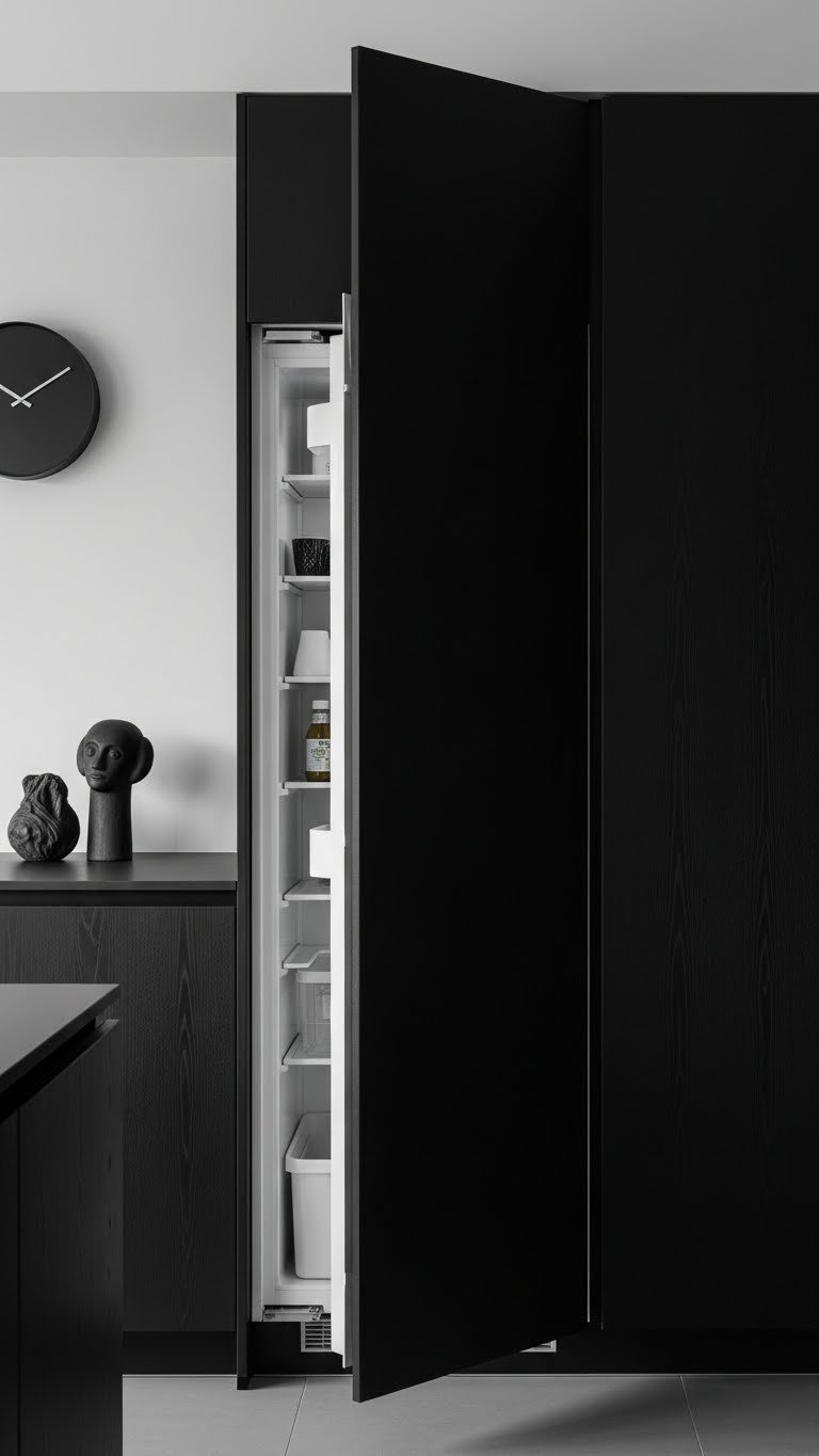 Seamless matte black kitchen cabinetry conceals modern appliances. Floor-to-ceiling design with clean lines and a minimalist wall clock.