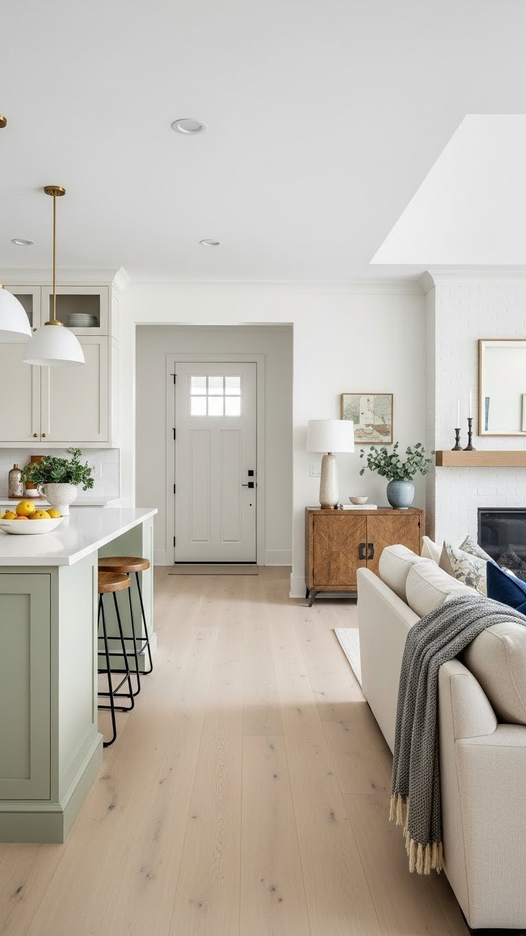 Seamless open concept living with a modern galley kitchen island and adjacent living room, featuring cohesive design and wood flooring.