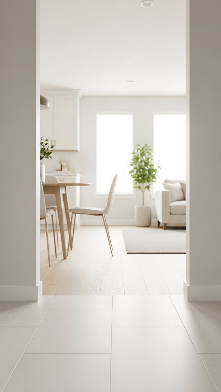 Seamless transition of light porcelain floor tiles extending from kitchen to living area creating spacious flow