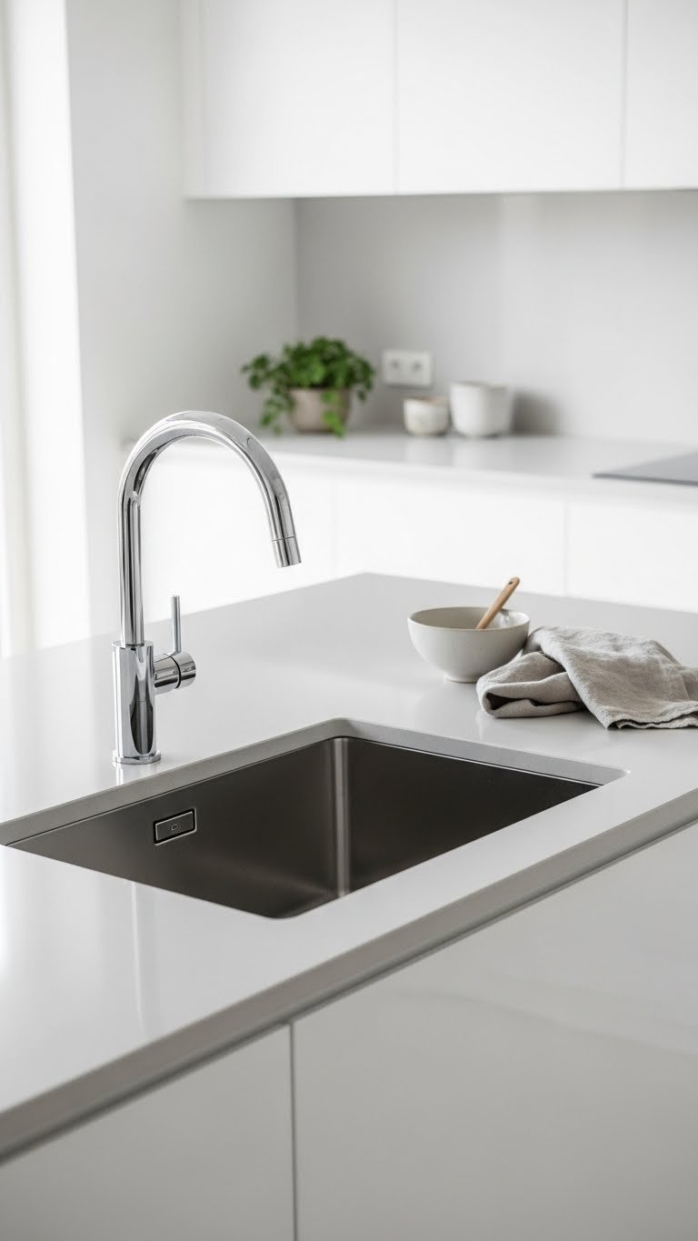 Seamless undermount kitchen sink integrated into light grey quartz countertop with modern chrome faucet in minimalist design