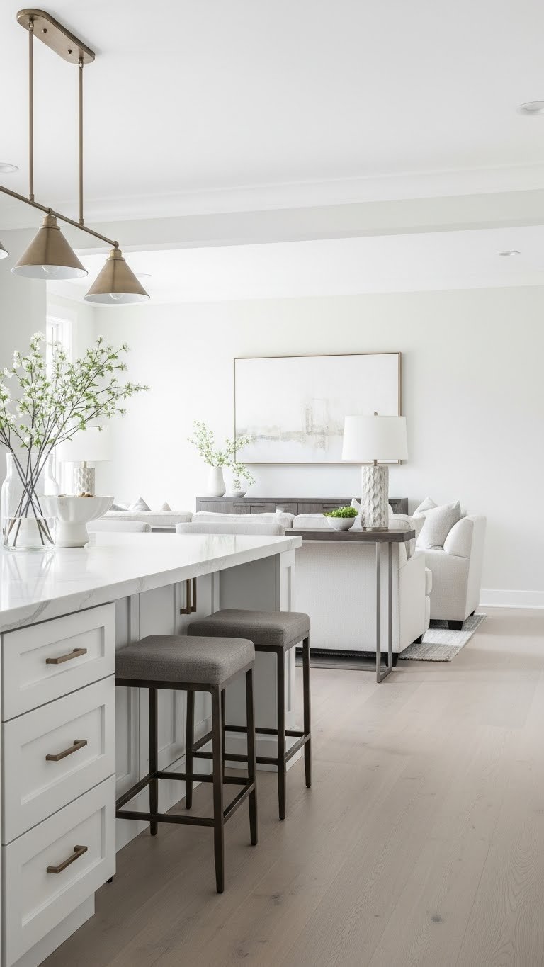 Seamless white marble island countertop mirroring living room console table. Bright open concept kitchen-living, unified modern interior design.