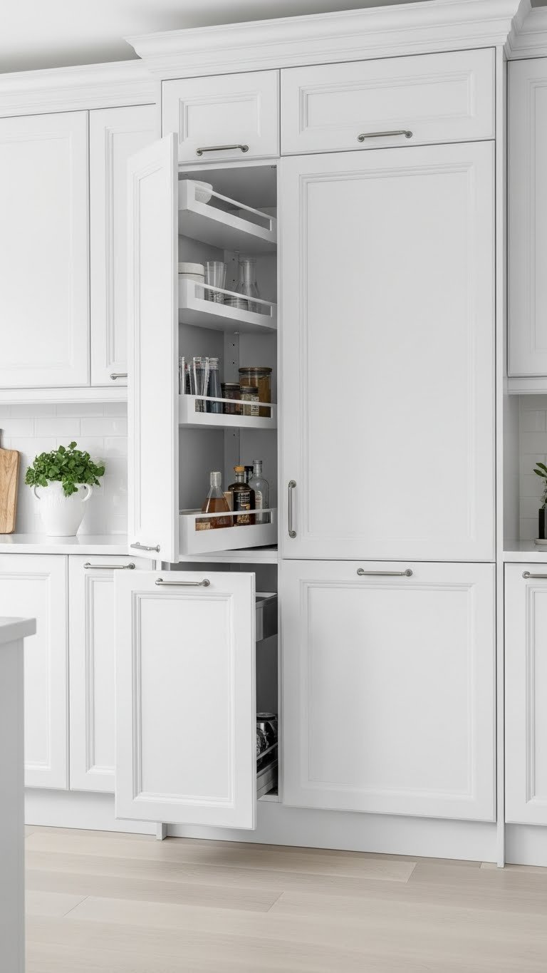 Seamless white shaker cabinets with integrated appliances and hidden storage solutions in minimalist kitchen design