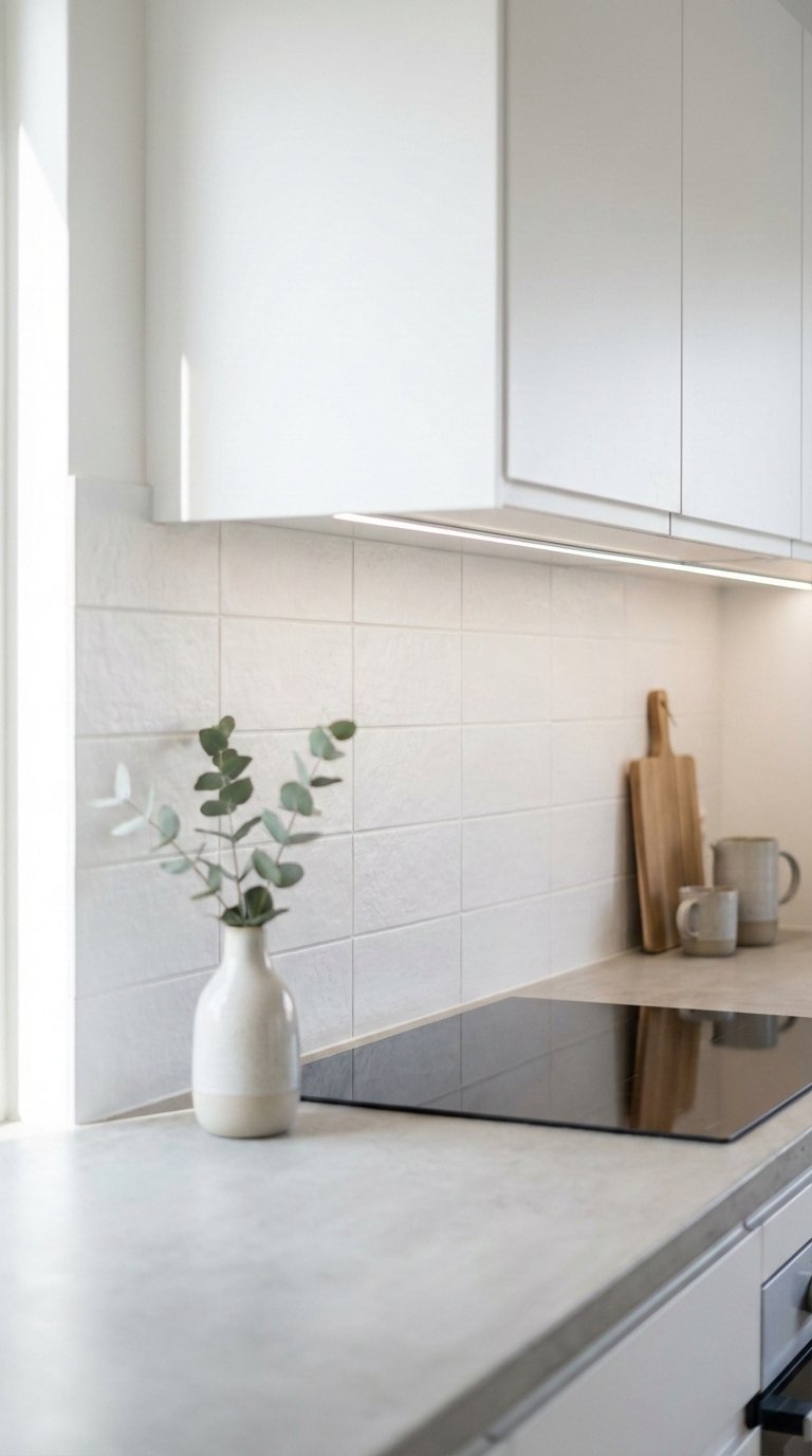Seamless white tile backsplash with invisible grout creating pristine continuous surface in modern kitchen