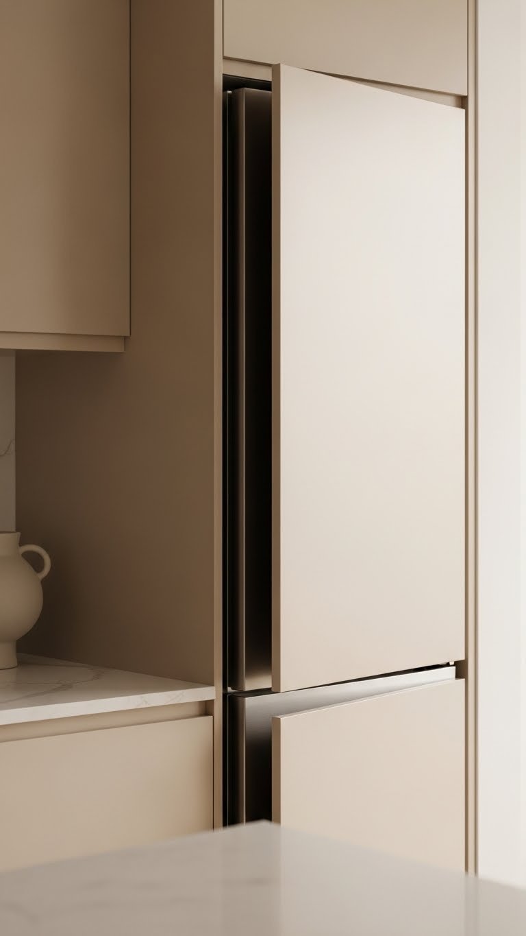 Seamlessly integrated appliances behind custom beige cabinet panels in minimalist scandi kitchen