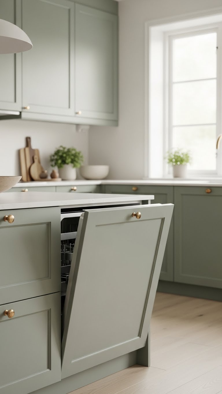 Seamlessly integrated appliances concealed behind sage green cabinet panels in modern minimalist kitchen