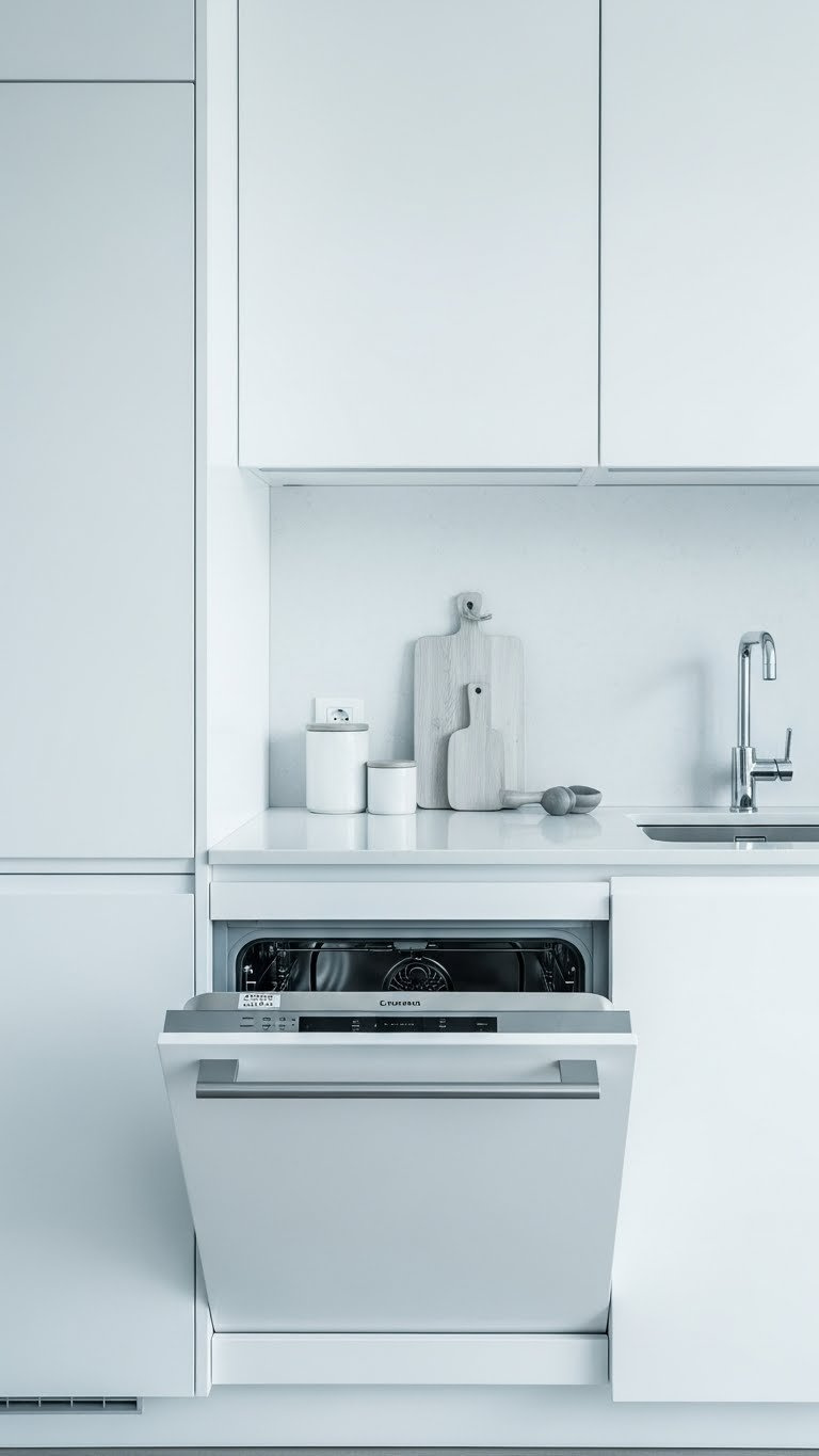 European Small Kitchen: 7 Smart Ideas For Ultimate Organization 7 Seamlessly integrated compact dishwasher flush with handleless European kitchen cabinetry creating continuous clean aesthetic