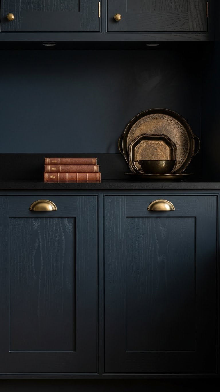 Old Money Kitchen Aesthetic Dark: 9 Luxury Design Ideas 15 Seamlessly integrated panel-ready refrigerator blending into dark wooden bespoke kitchen cabinetry with antique brass hardware.