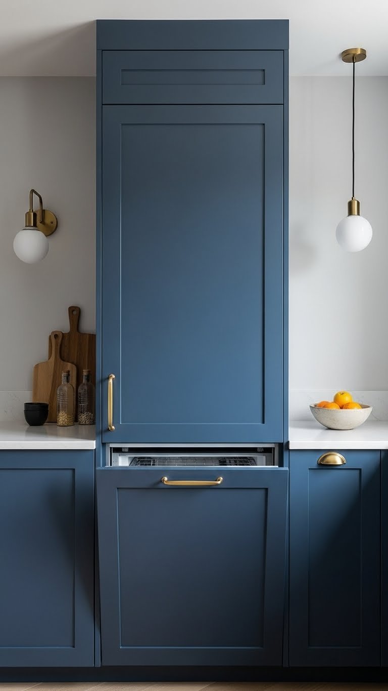 Seamlessly integrated refrigerator behind navy blue kitchen cabinet panels maintaining continuous blue cabinetry line.