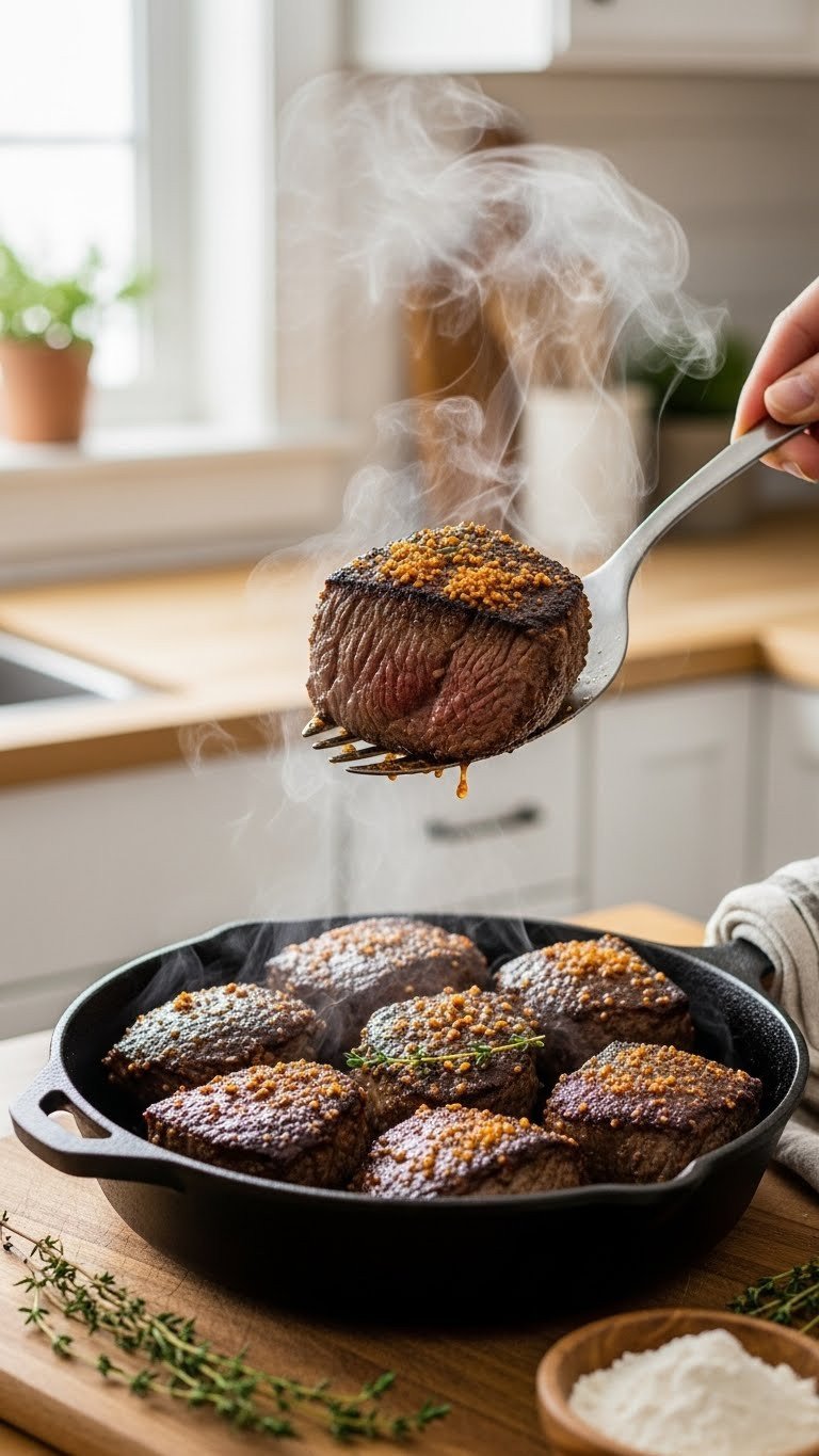My Failproof Crockpot Stew Recipe For Easy Dinners 1 Searing beef stew meat in cast iron skillet with steam