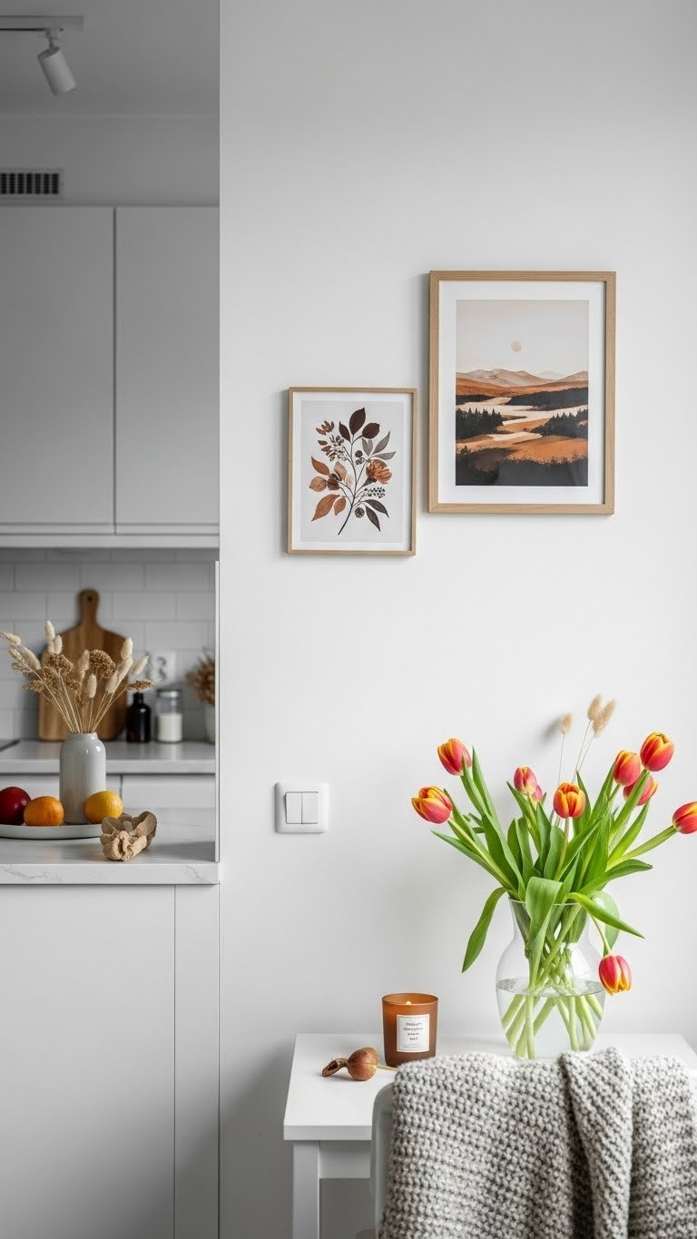 Scandi Kitchen Artwork: 11 Essential Ideas For A Cozy Home 20 Seasonal artwork arrangement on white scandi kitchen wall featuring updated botanical prints with seasonal decorative elements