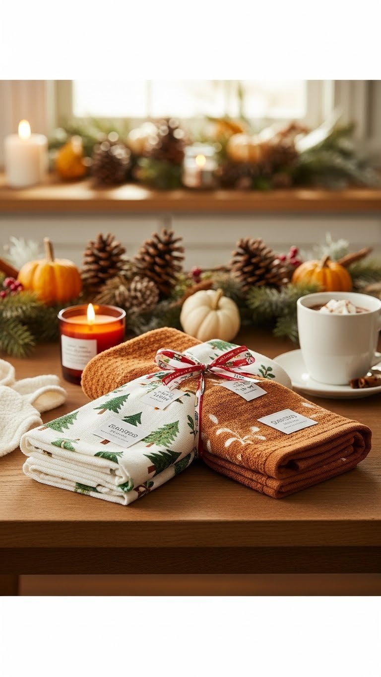 9 Kitchen Hand Towel Gift Ideas: Unique &Amp; Thoughtful 15 Seasonal holiday-themed kitchen towel duo folded with festive ribbon on rustic table.