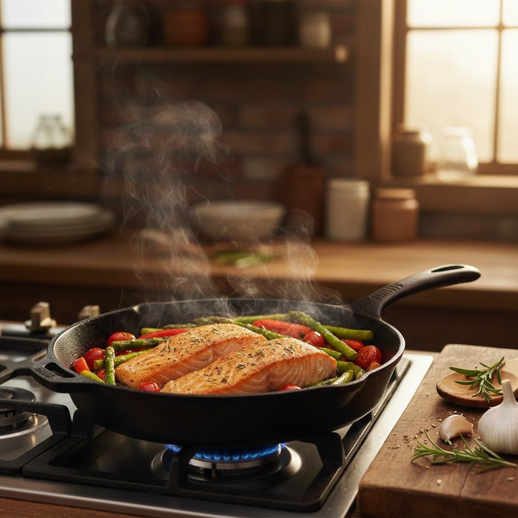Seasoned cast iron skillet sizzling with seared salmon on stovetop with steam rising in rustic kitchen.