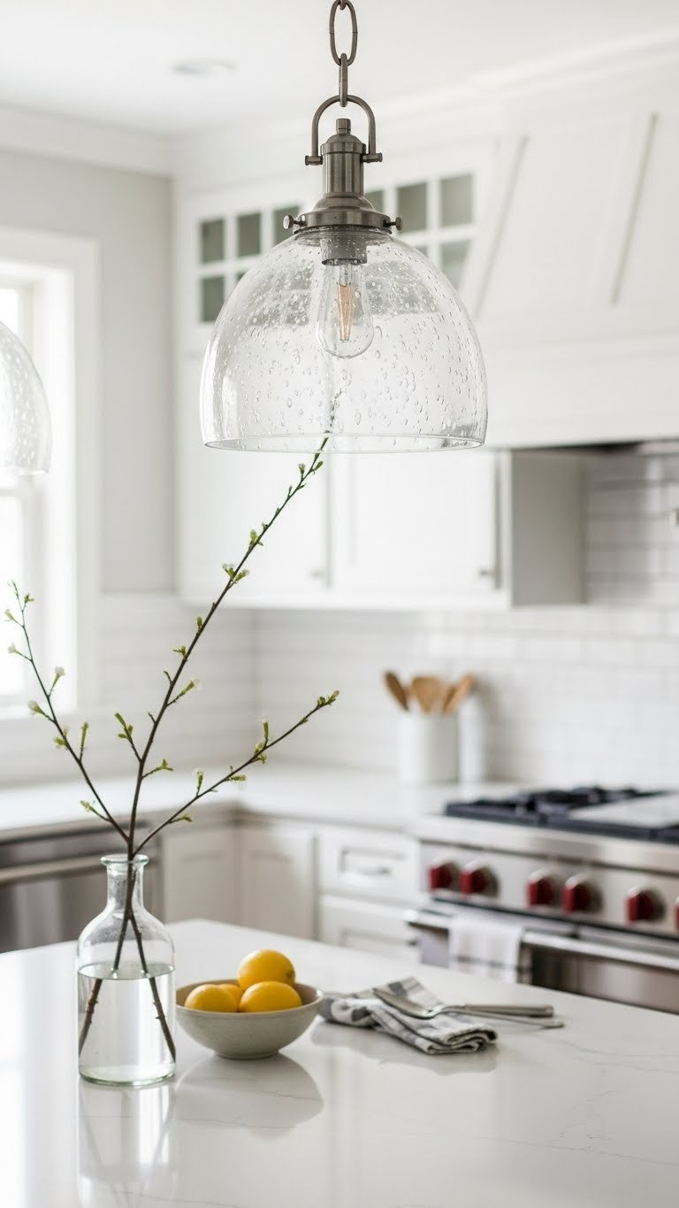 Seeded glass pendant light with elegant metal fixture hanging over white quartz kitchen island in bright kitchen