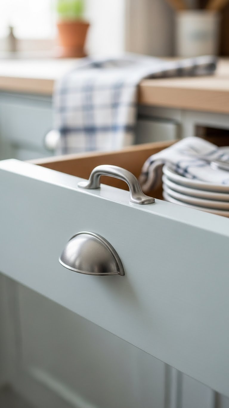 Semi-circular cup pull in brushed nickel finish on pale blue Scandi kitchen drawer with ergonomic design