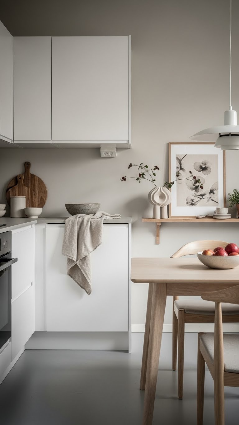 Serene Scandinavian kitchen featuring neutral color palette with textural contrasts and soft lighting