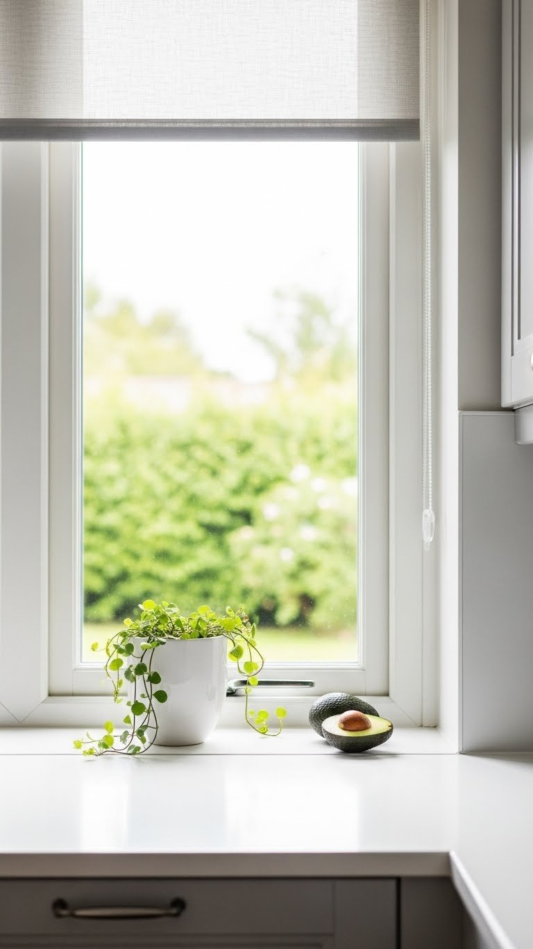 Serene Scandinavian kitchen window with clean white windowsill displaying ceramic planter and ripe avocado