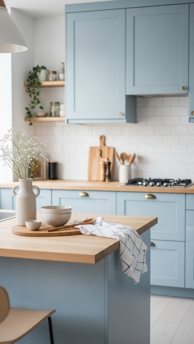 Serene Scandinavian kitchen with light blue matte cabinets, warm wood accents, and soft natural lighting on butcher block countertop
