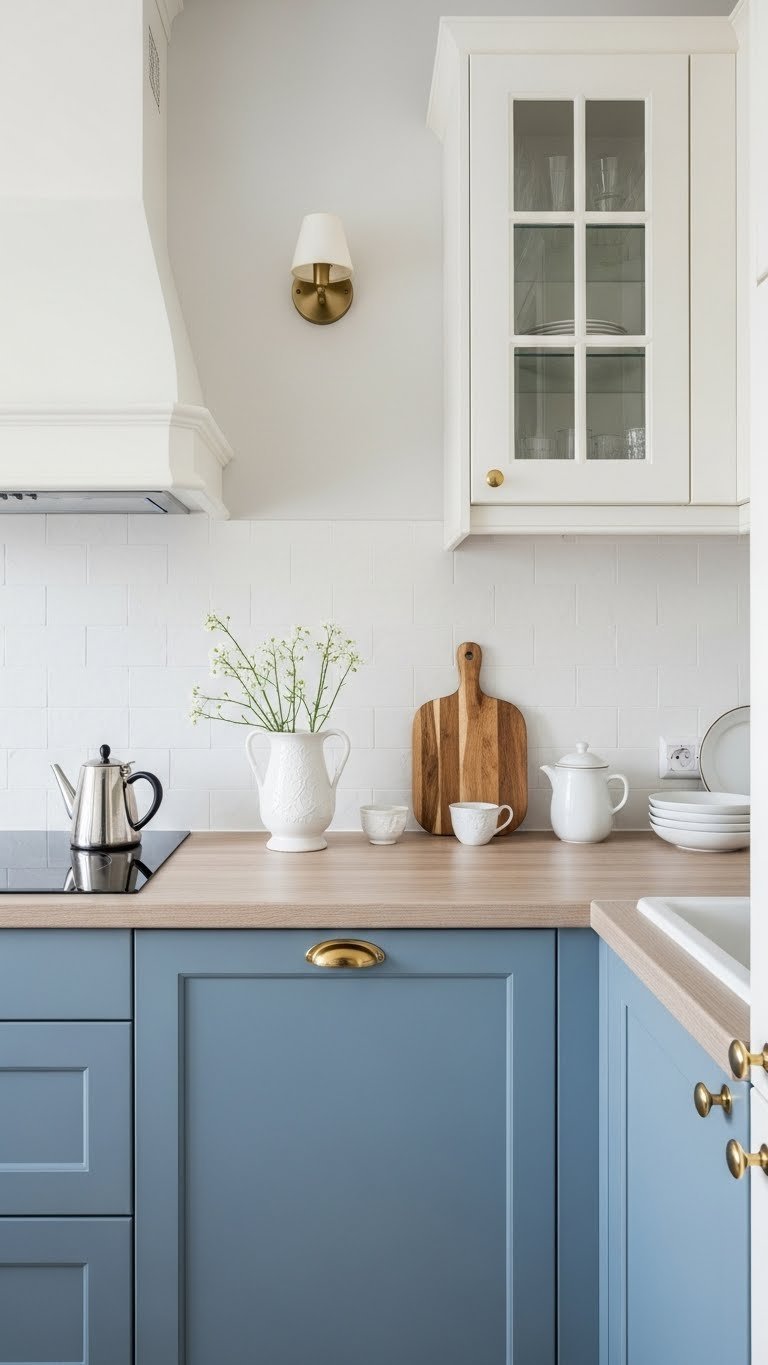 Serene dusty blue kitchen cabinets paired with creamy white walls and light wood countertops in airy space.