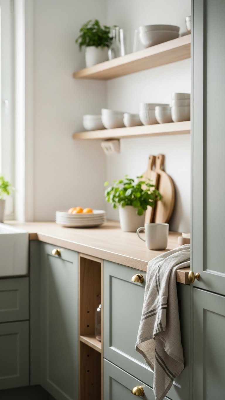 Serene sage green Scandinavian kitchen corner with light wood countertops, minimalist decor, and soft natural lighting for cozy ambiance